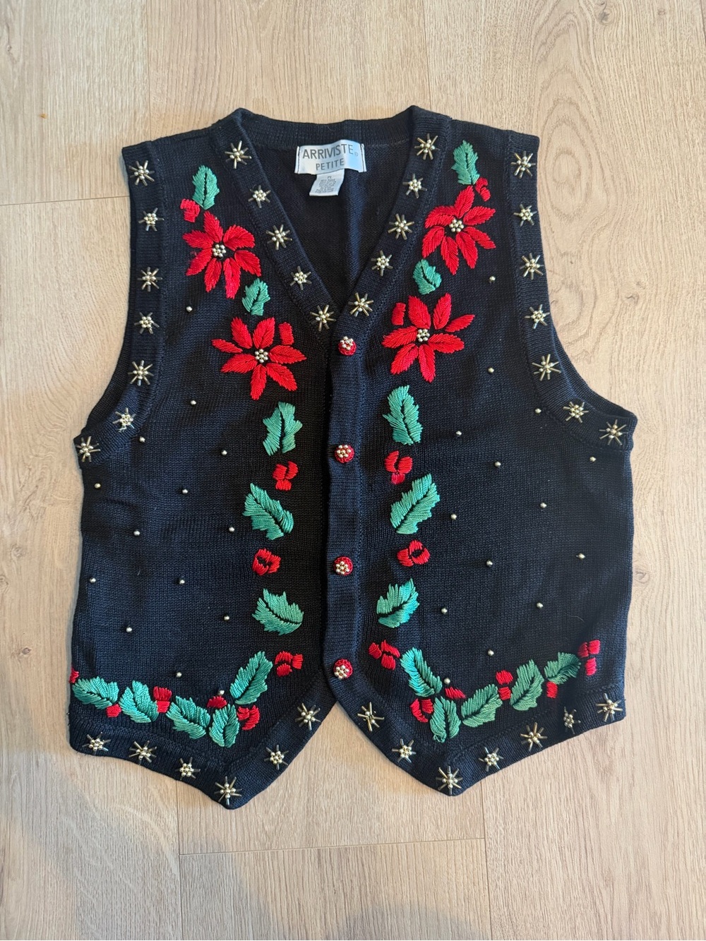 Vintage Tacky Holiday Black Knit V-Neck Sweater Vest Beaded Size Petite Large